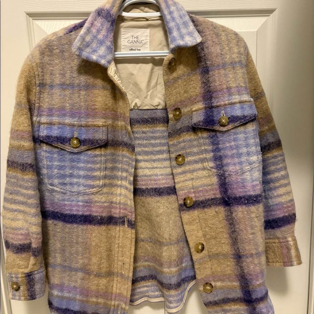 Wilfred Plaid Button-Down Shacket in Tan, Lavender, Purple